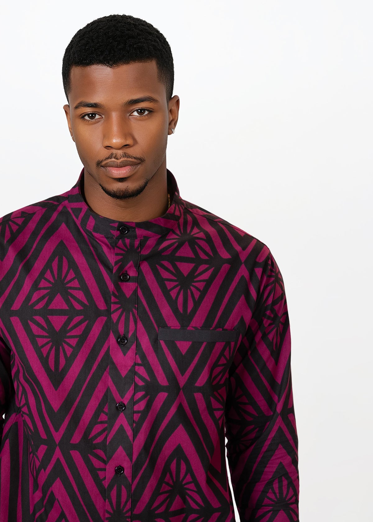 Jamal Mens African Print Mandarin Shirt (Plum Diamonds) - D'IYANU
