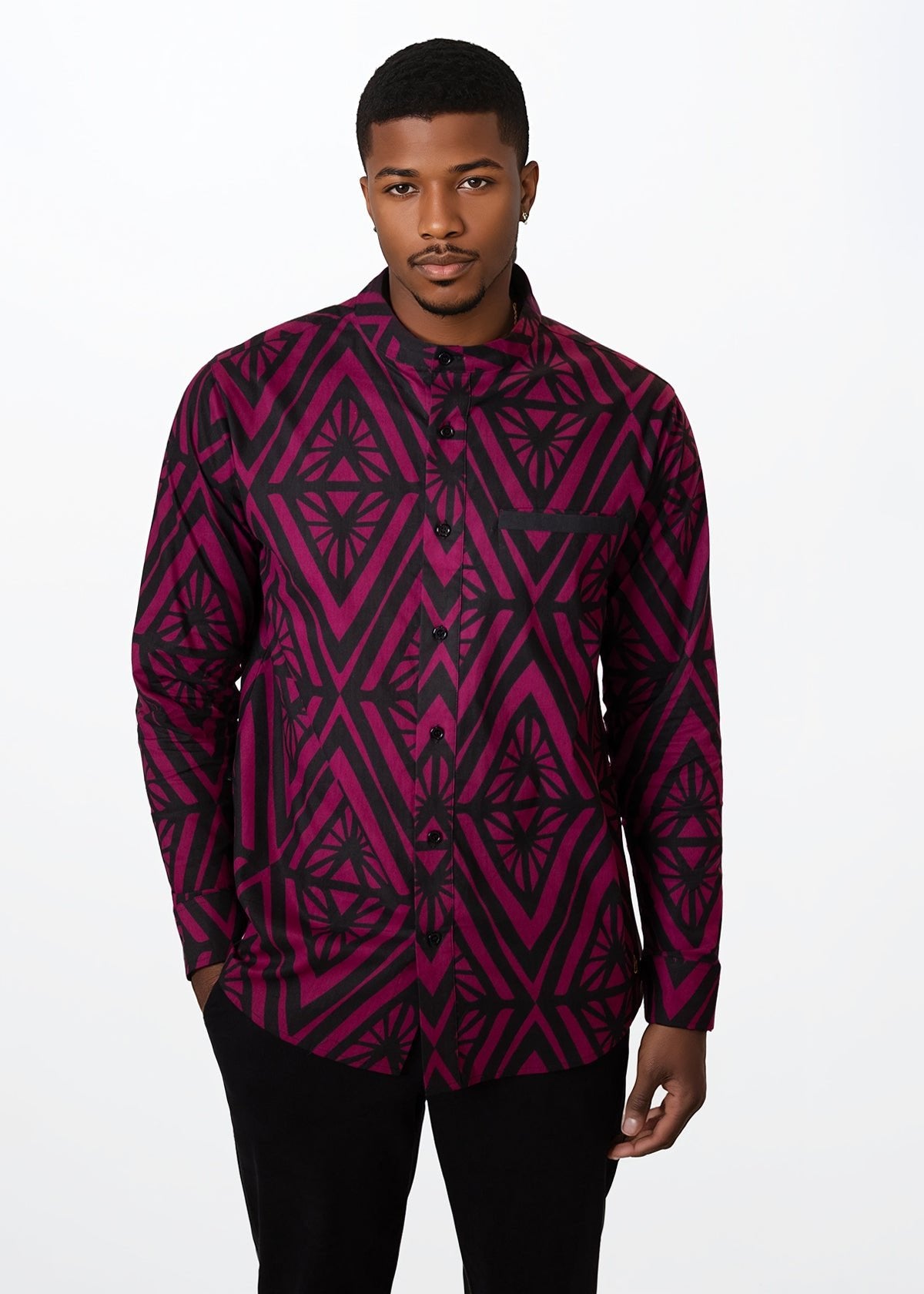 Jamal Mens African Print Mandarin Shirt (Plum Diamonds) - D'IYANU