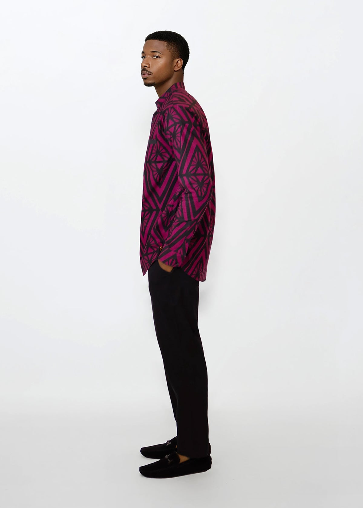 Jamal Mens African Print Mandarin Shirt (Plum Diamonds) - D'IYANU