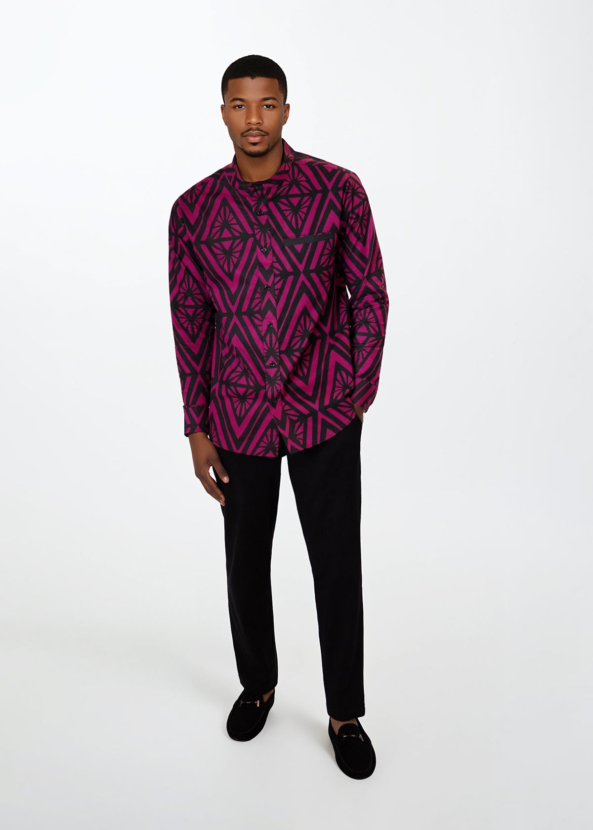 Jamal Mens African Print Mandarin Shirt (Plum Diamonds) - D'IYANU