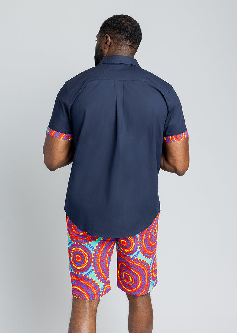 Kanai Men's African Print Color-Blocked Shirt (Navy/Turquoise Red Circles)