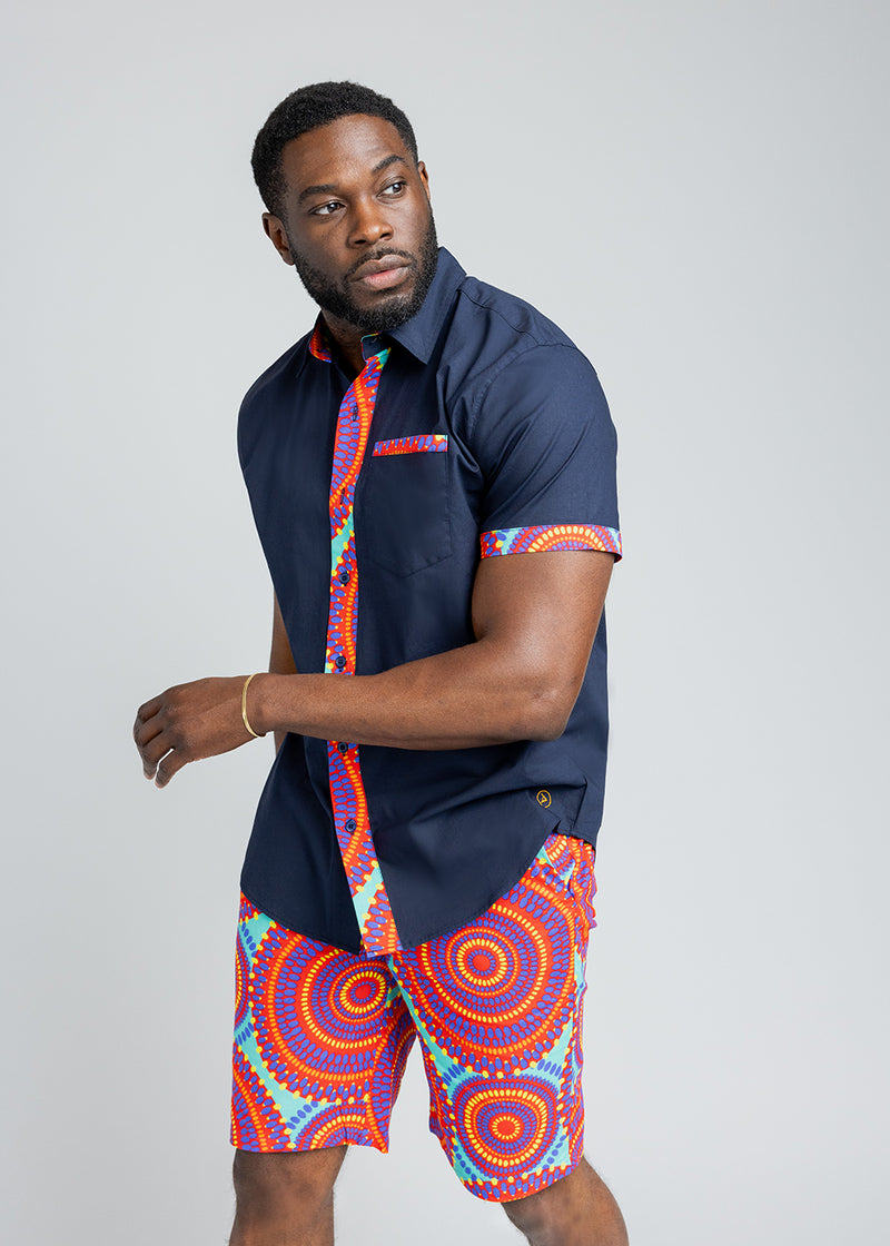 Kanai Men's African Print Color-Blocked Shirt (Navy/Turquoise Red Circles)