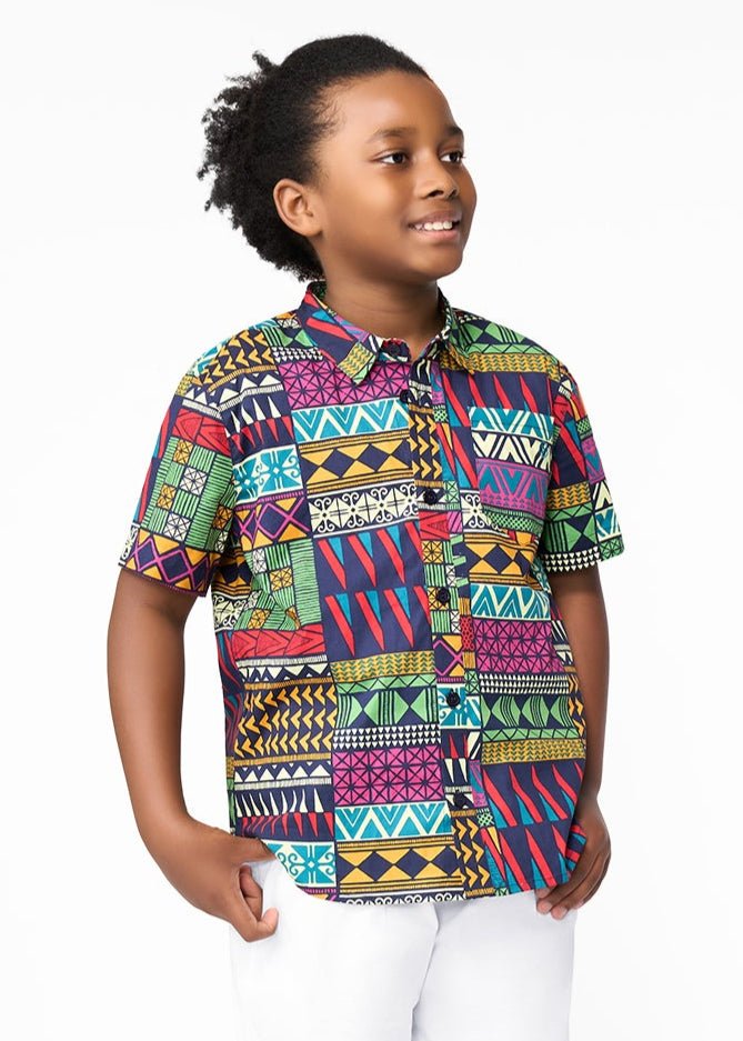 Kelechi Boy's African Print Button-Up (Green Navy Kente) - D'IYANU