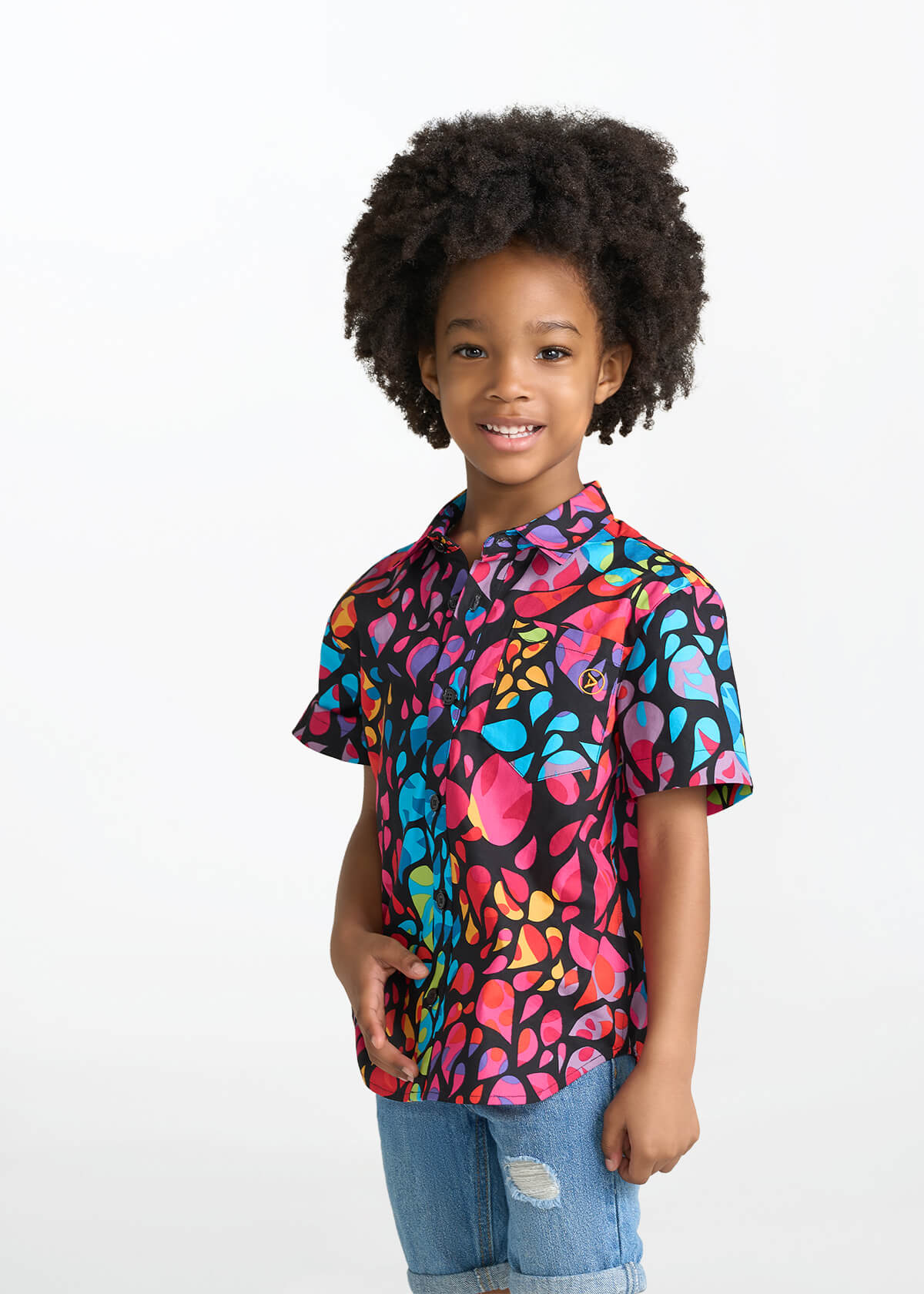 Kelechi Boy's African Print Button-Up Shirt (Fuchsia Kaleidoscope) - D'IYANU