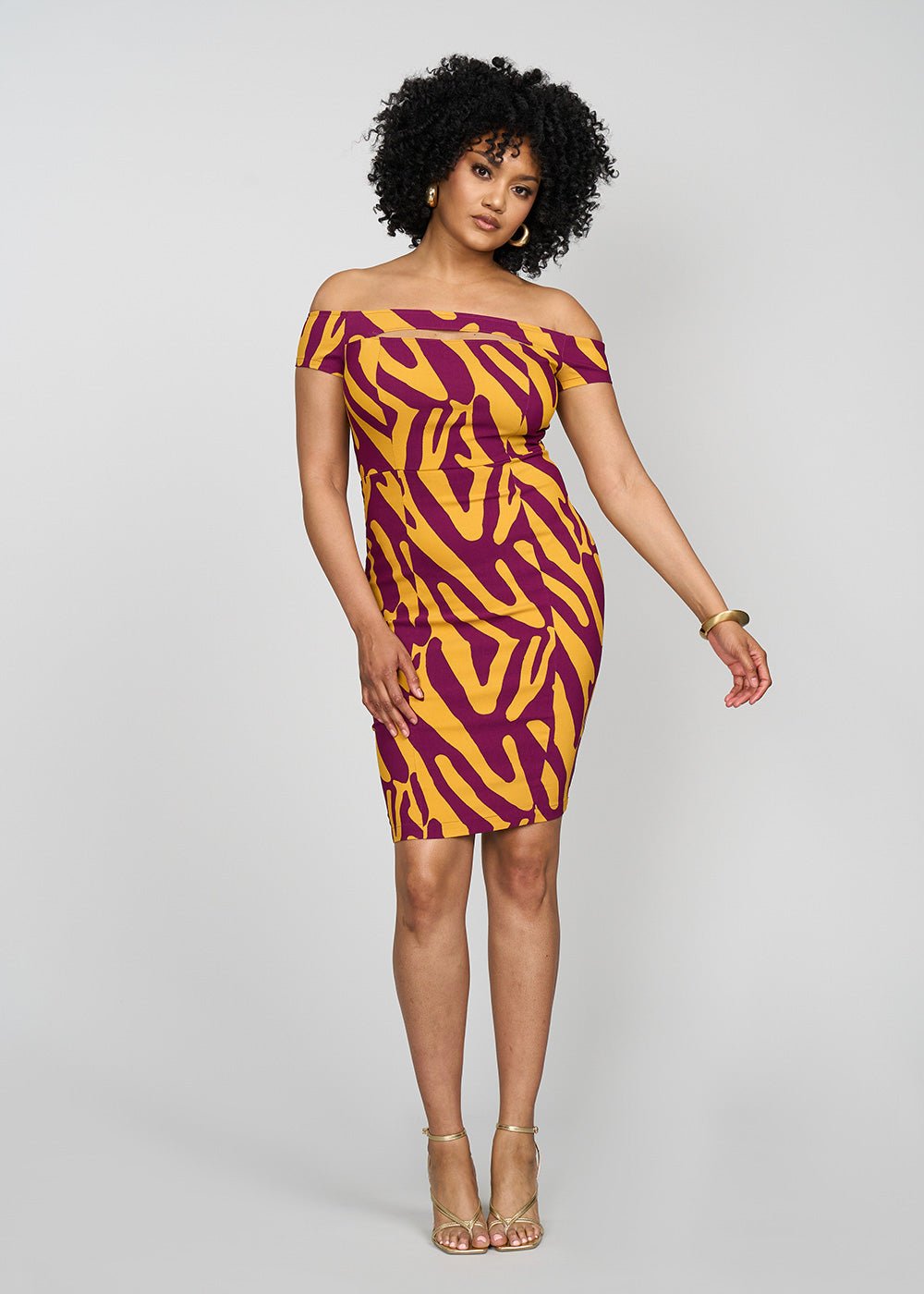 Keruba Women's African Print Stretch Dress (Gold Zebra Abstract) - Clearance - D'IYANU