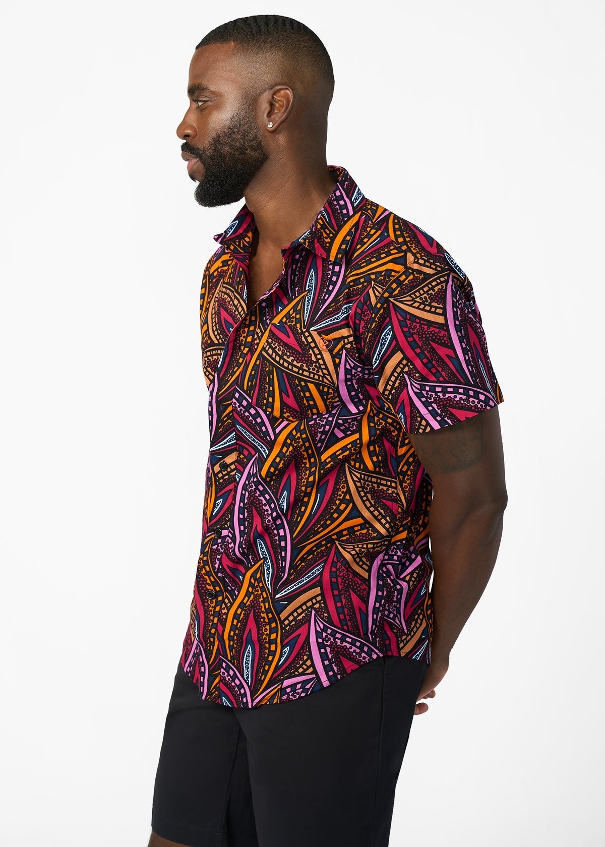 Keyon Men's African Print Button-Up Shirt (Sunset Leaves) - D'IYANU