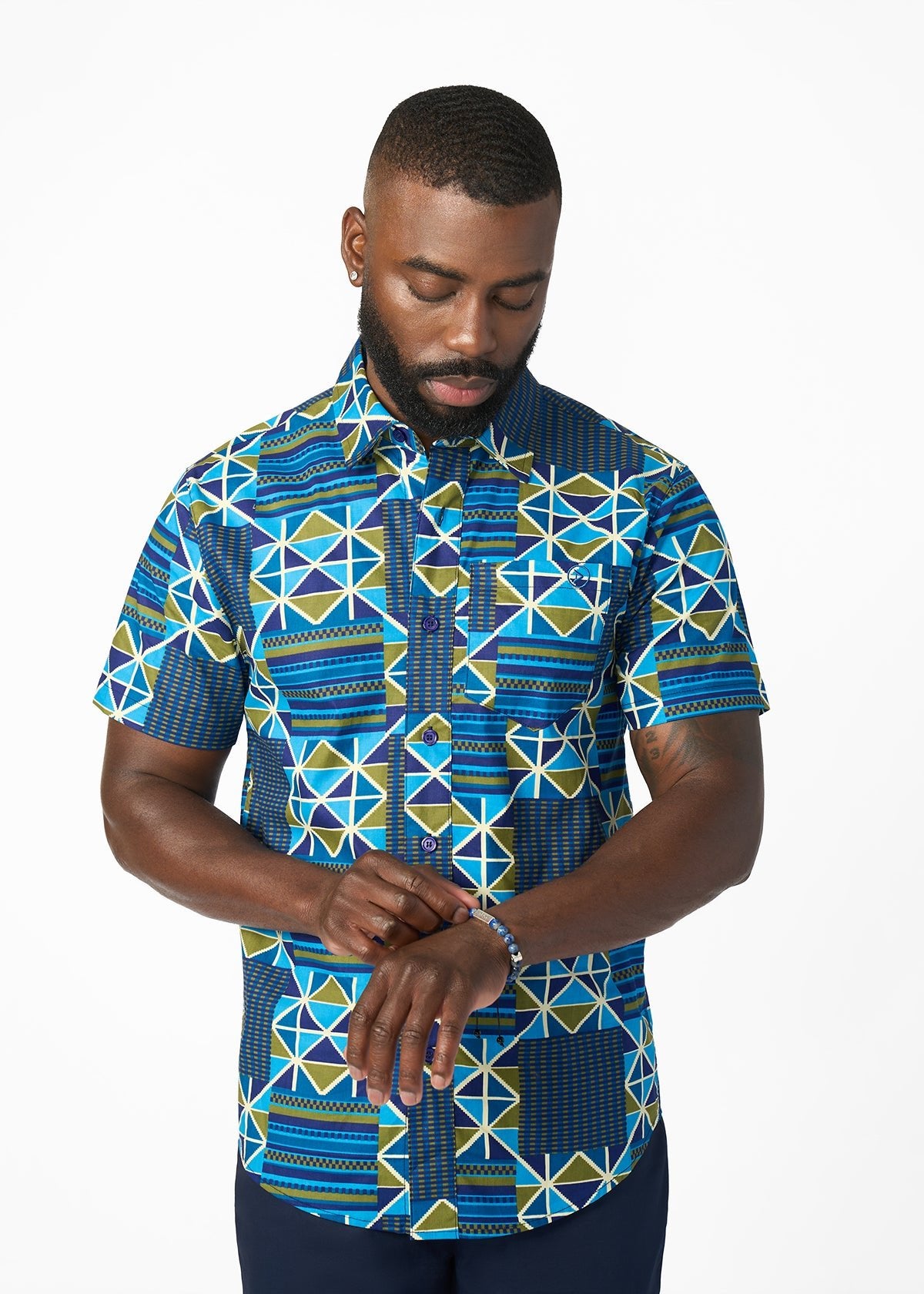 Keyon Men's African Print Button-up Shirt (Navy Olive Kente) - D'IYANU