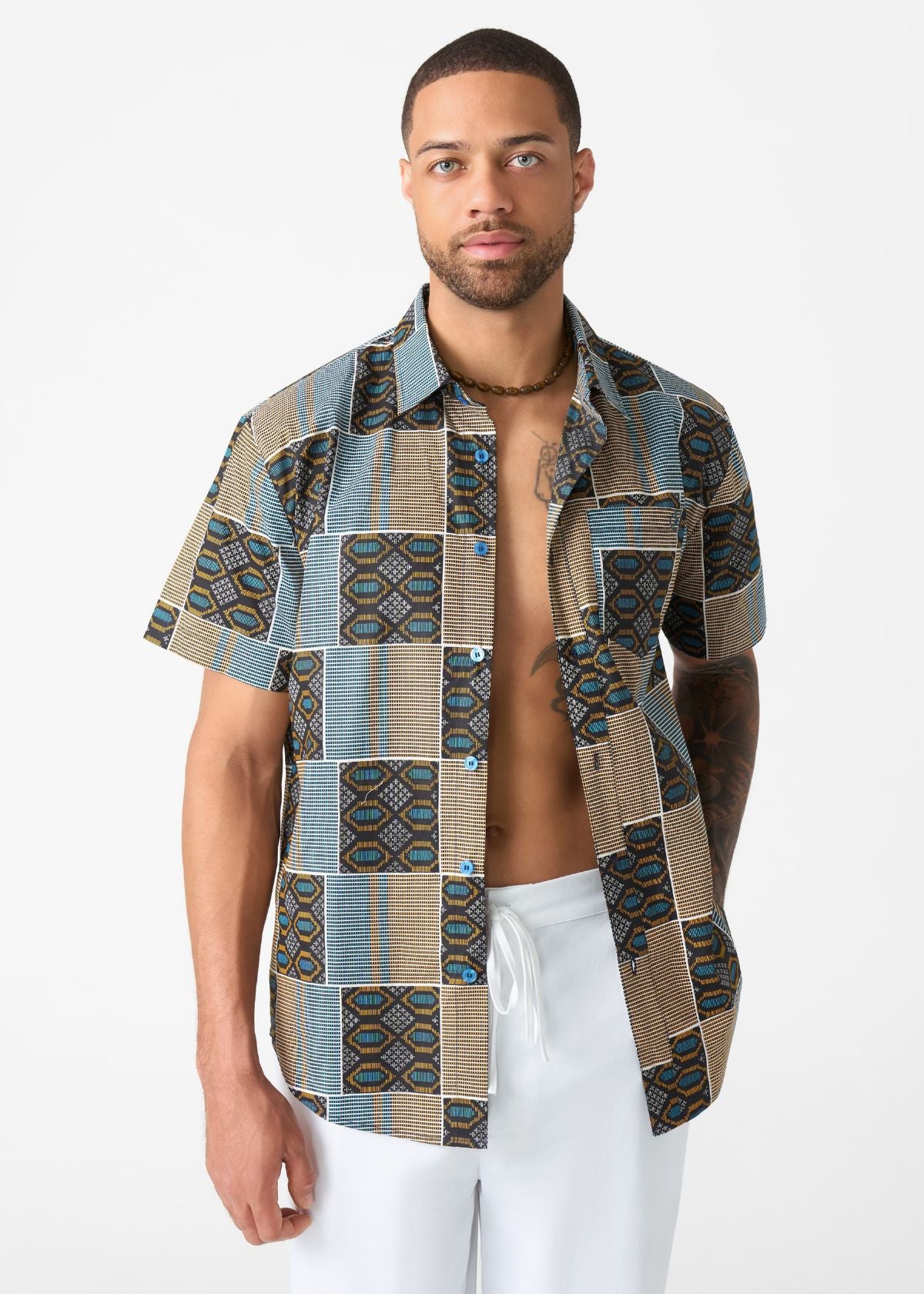 Keyon Men's African Print Button-up Shirt (Blue Tan Kente) - D'IYANU