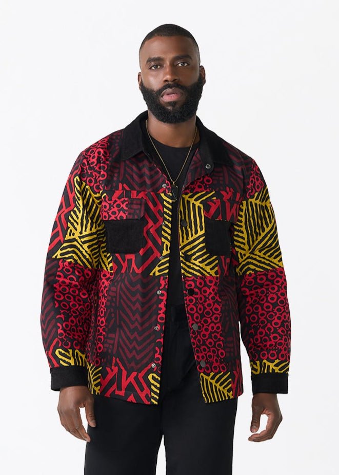 Khalid Men's African Print Twill Shirt Jacket (Black Cherry Multipattern) - D'IYANU