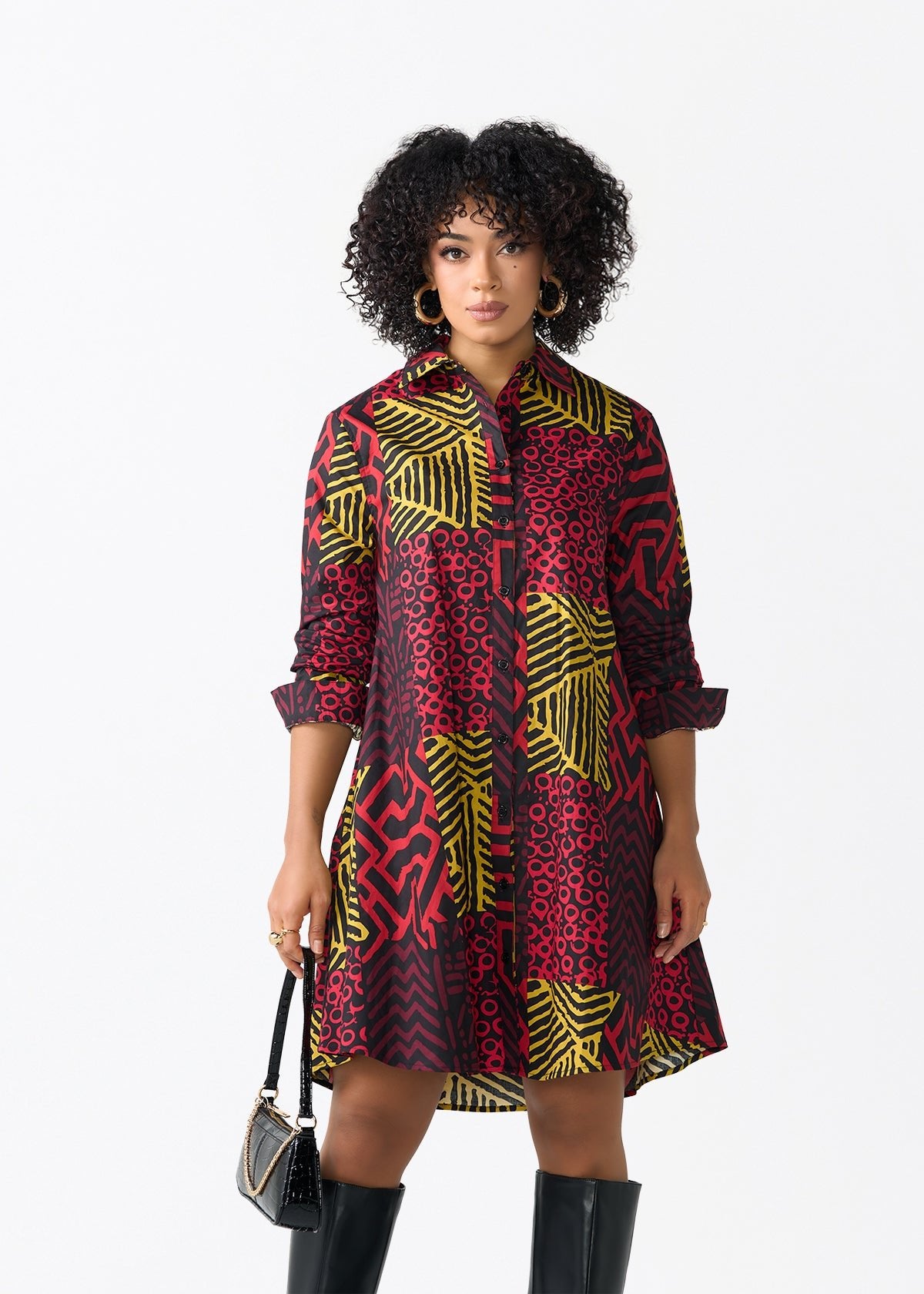 Kianga Women's African Print Shirt Dress (Black Cherry Multipattern) - D'IYANU