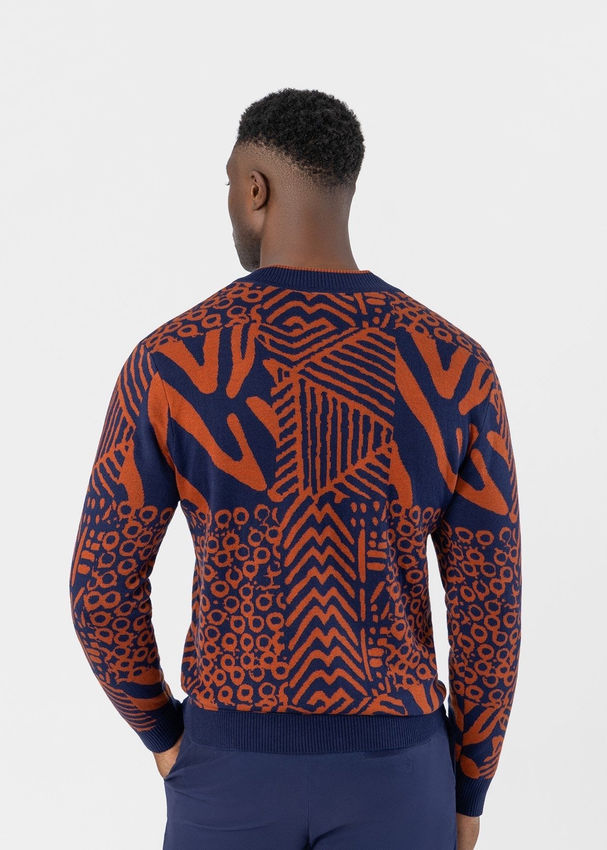 Kibo Men's African Print Quarter-Zip Sweater (Rust Navy Multipattern) - D'IYANU