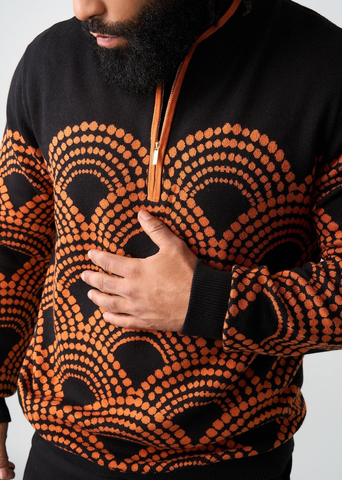 TEST Kibo Men's African Print Quarter-Zip Sweater (Black Amber Dots) - D'IYANU
