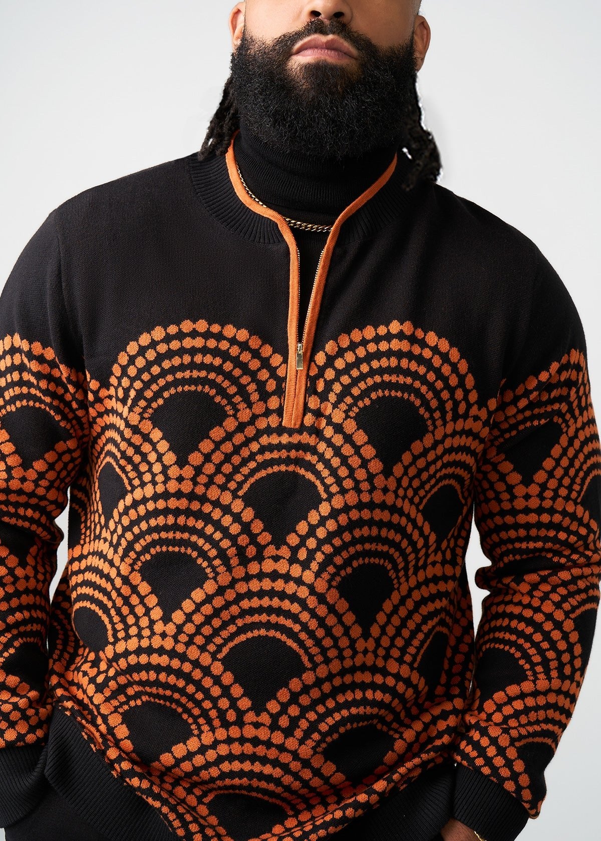 TEST Kibo Men's African Print Quarter-Zip Sweater (Black Amber Dots) - D'IYANU