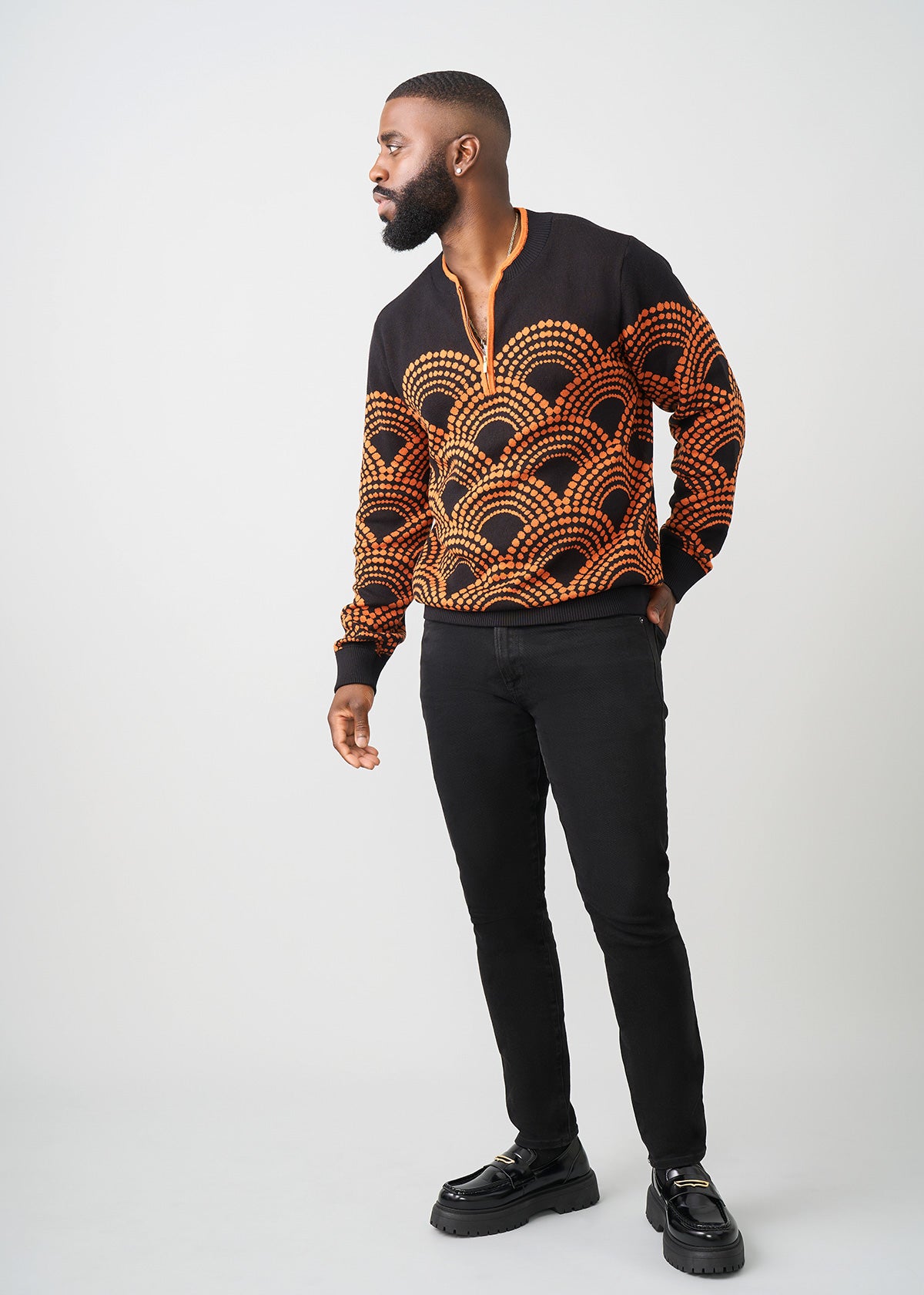 TEST Kibo Men's African Print Quarter-Zip Sweater (Black Amber Dots) - D'IYANU