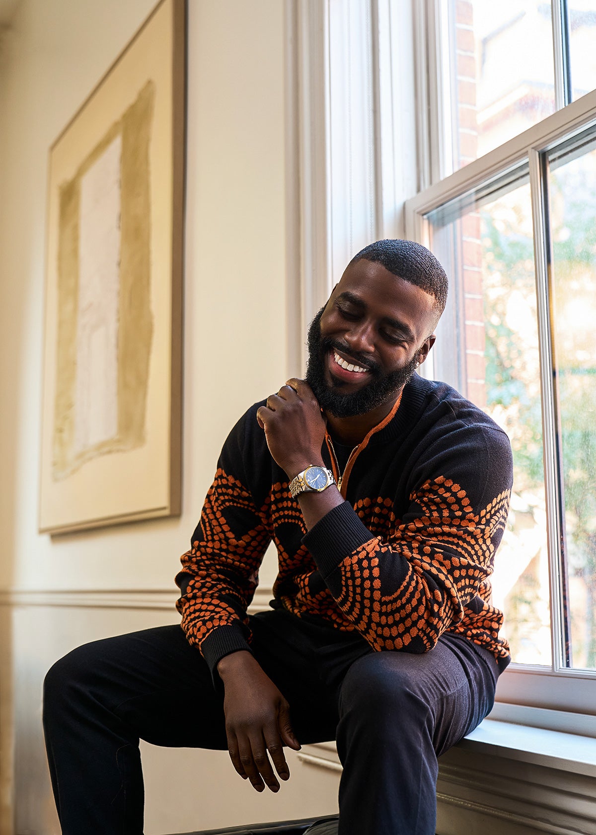 TEST Kibo Men's African Print Quarter-Zip Sweater (Black Amber Dots) - D'IYANU