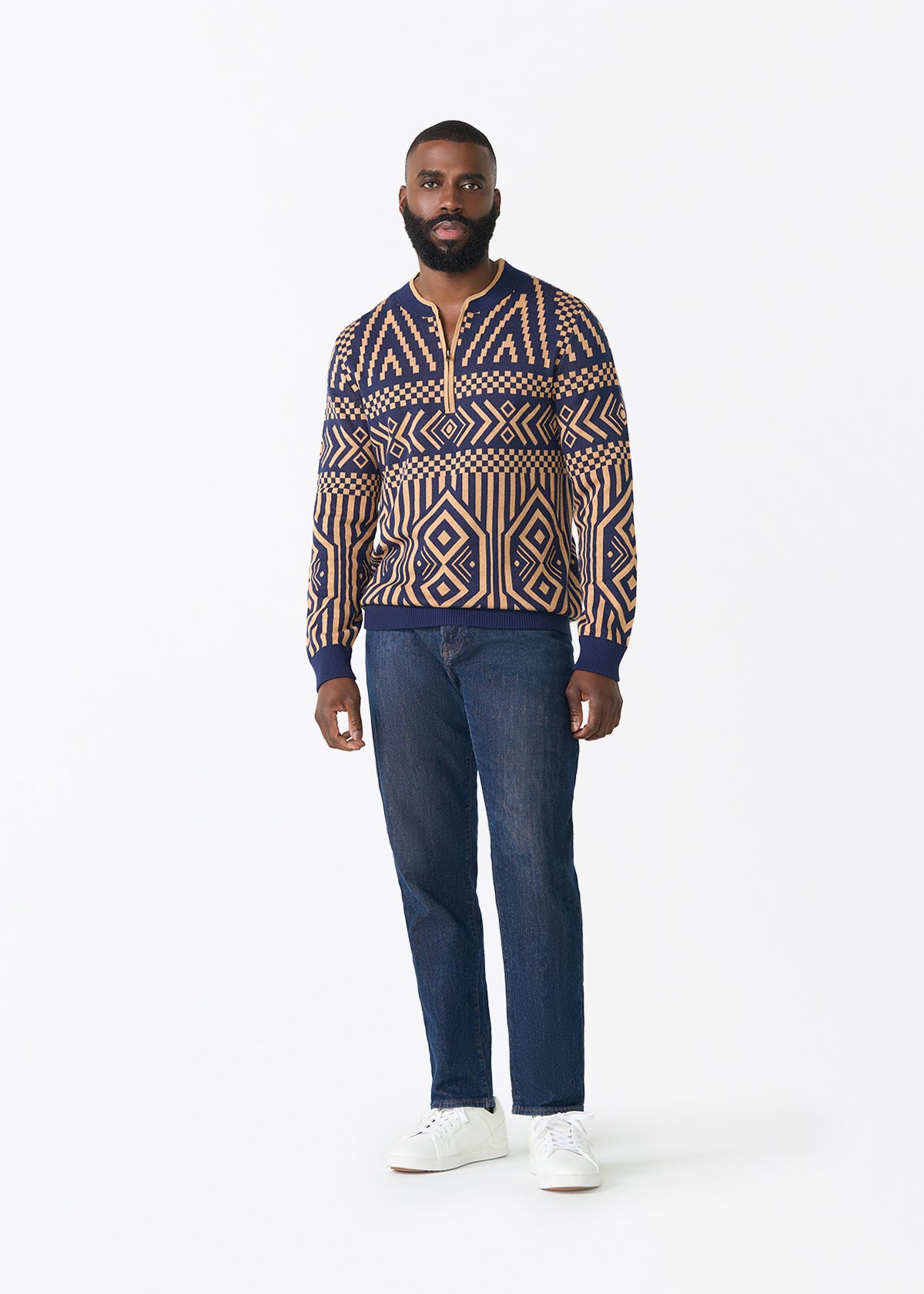 Kibo Men's African Print Quarter-Zip Sweater (Navy Tan Tribal) - D'IYANU