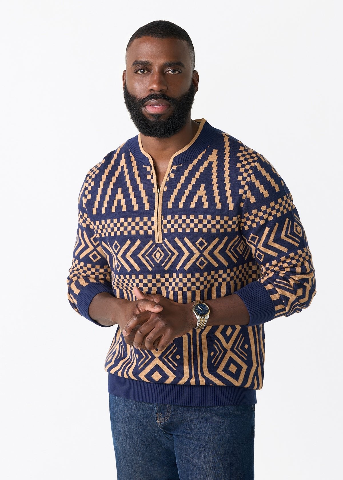 Kibo Men's African Print Quarter-Zip Sweater (Navy Tan Tribal) - D'IYANU
