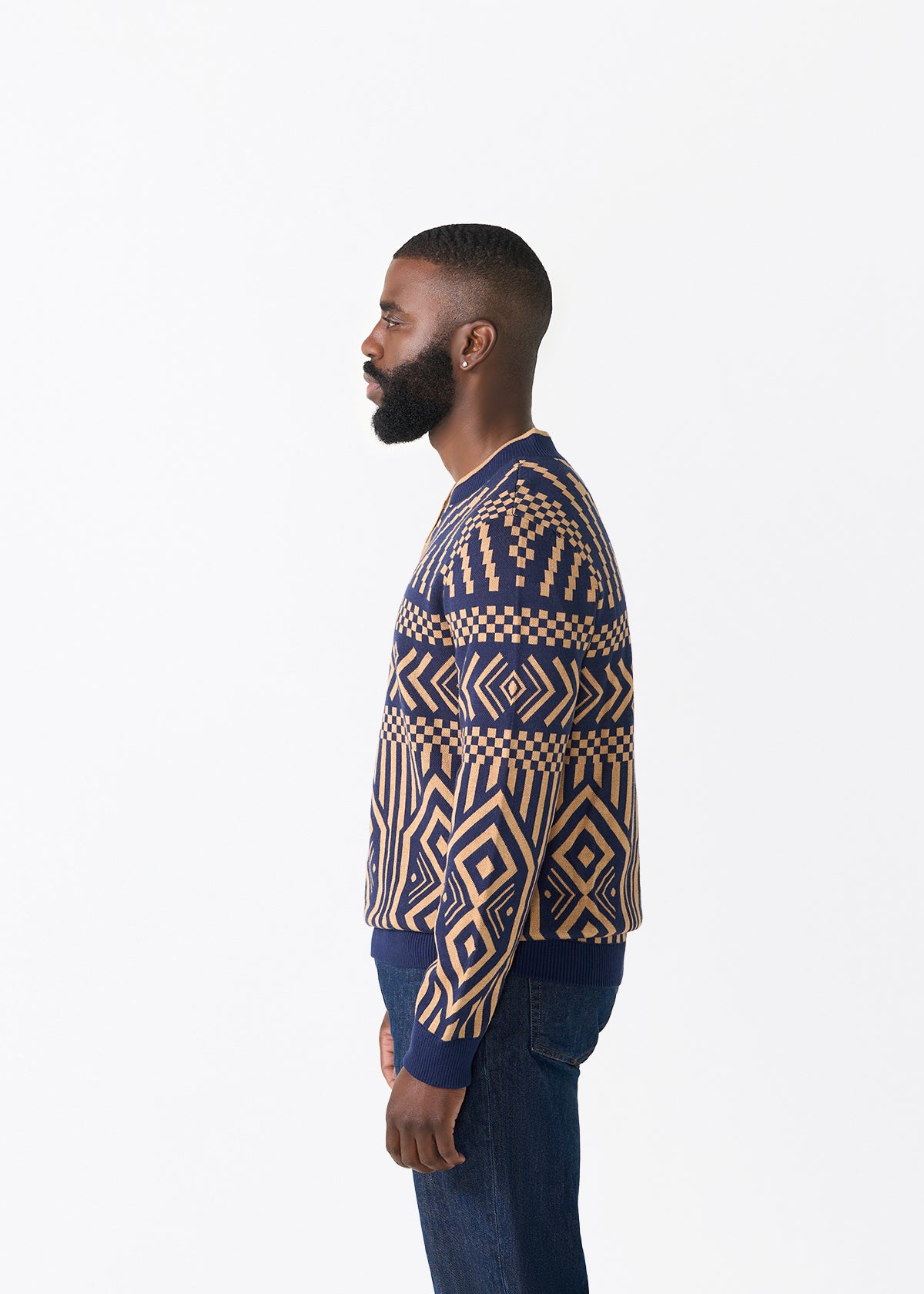 Kibo Men's African Print Quarter-Zip Sweater (Navy Tan Tribal) - D'IYANU