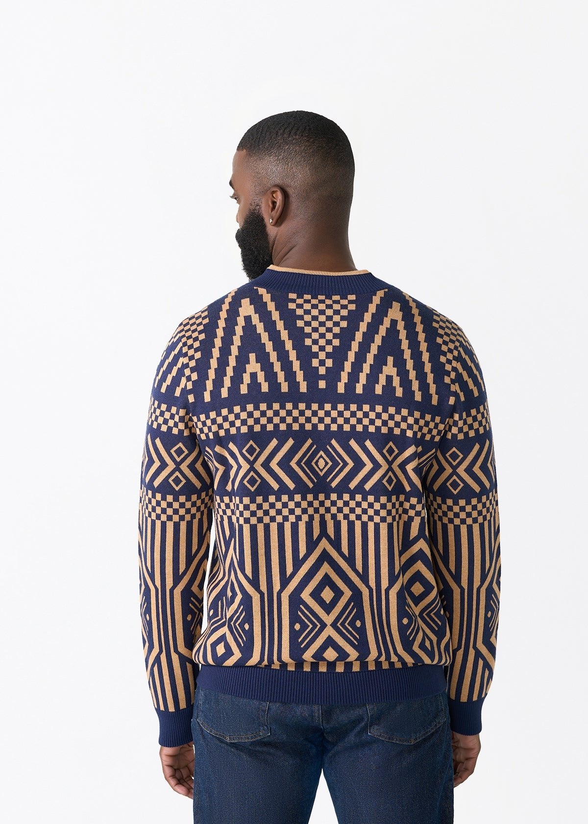 Kibo Men's African Print Quarter-Zip Sweater (Navy Tan Tribal) - D'IYANU