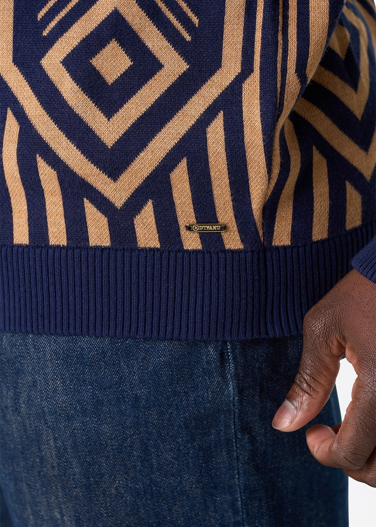 Kibo Men's African Print Quarter-Zip Sweater (Navy Tan Tribal) - D'IYANU