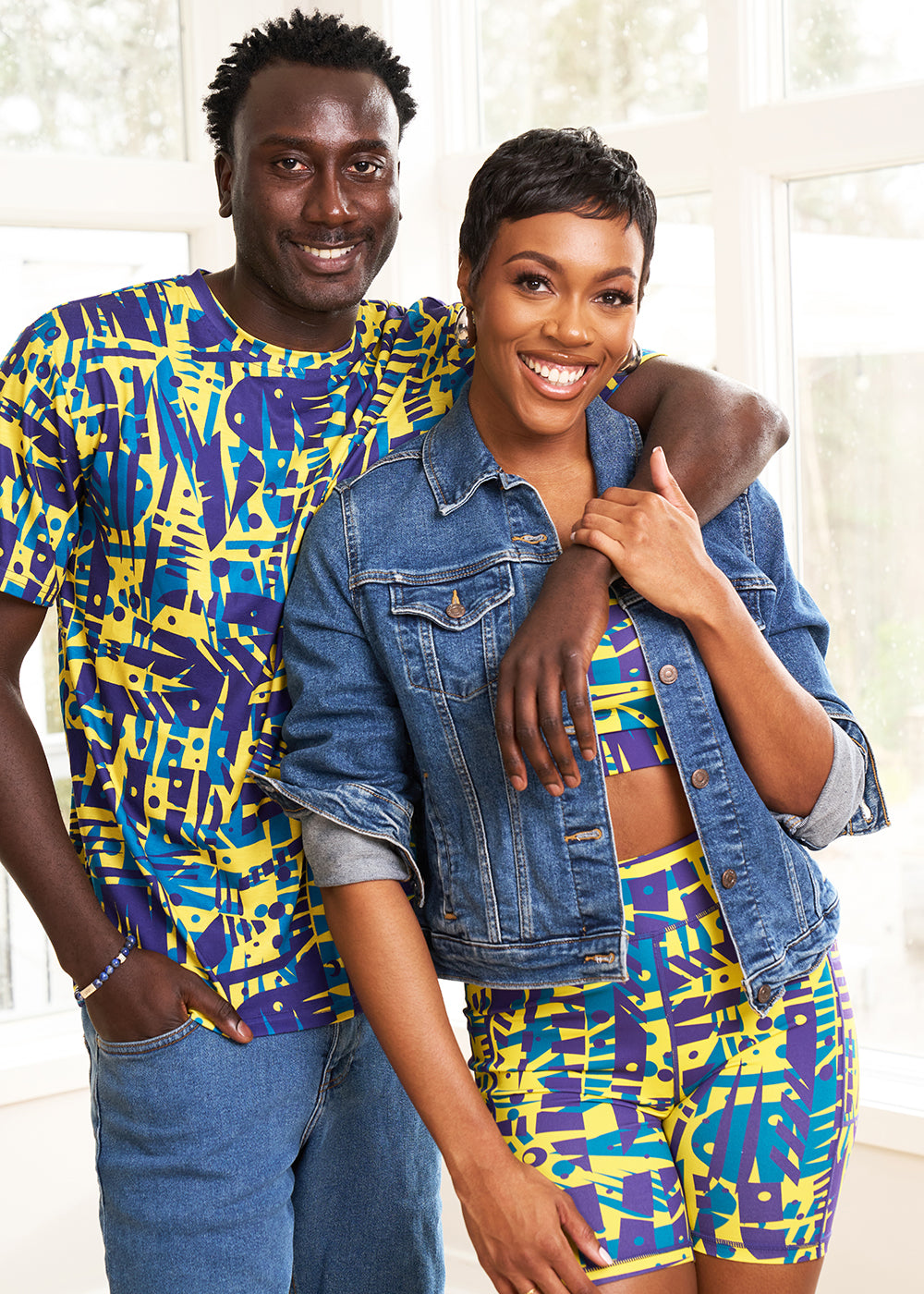 Kimba Women's African Print Biker Shorts (Neon Tropical Stamps)