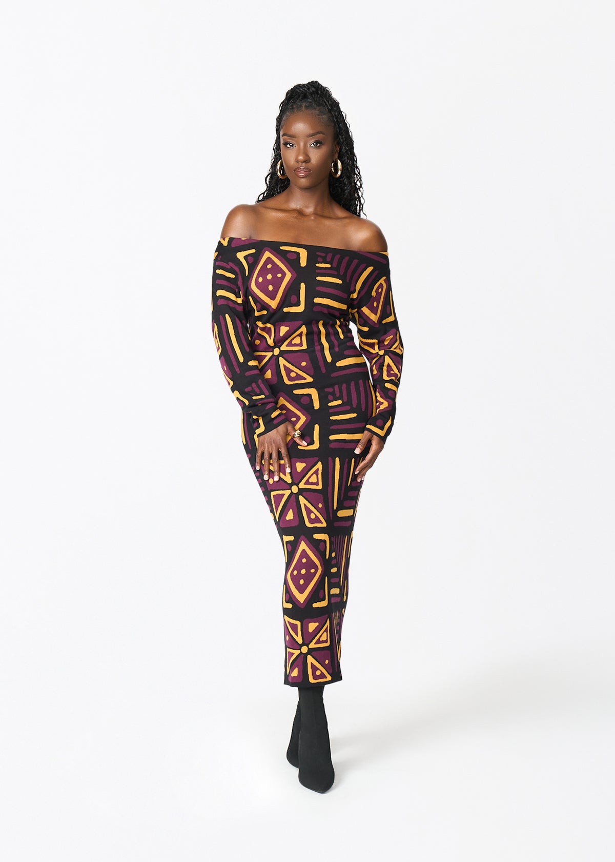 Ladi Women's African Print Sweater Dress (Plum Black Tribal) - D'IYANU