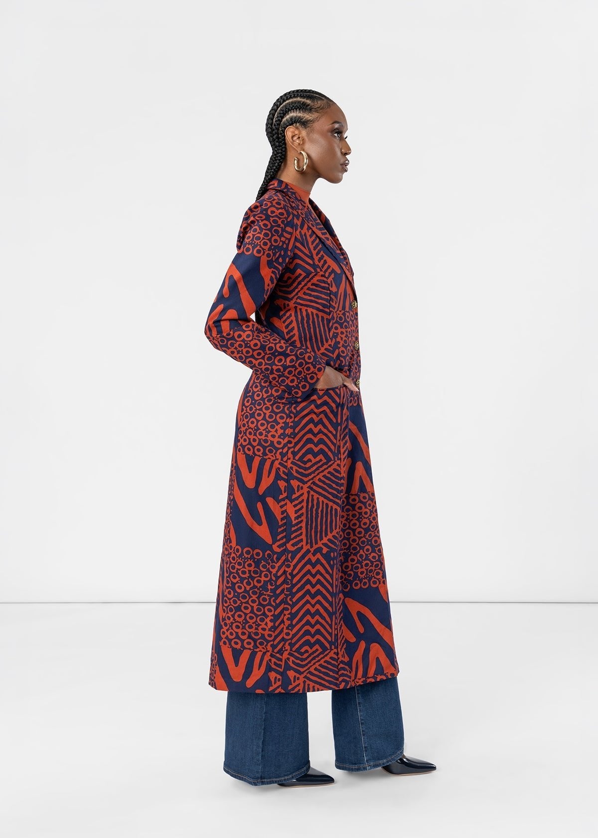 Laila Women's African Print Single Breasted Coat (Rust Navy Multipattern) - D'IYANU