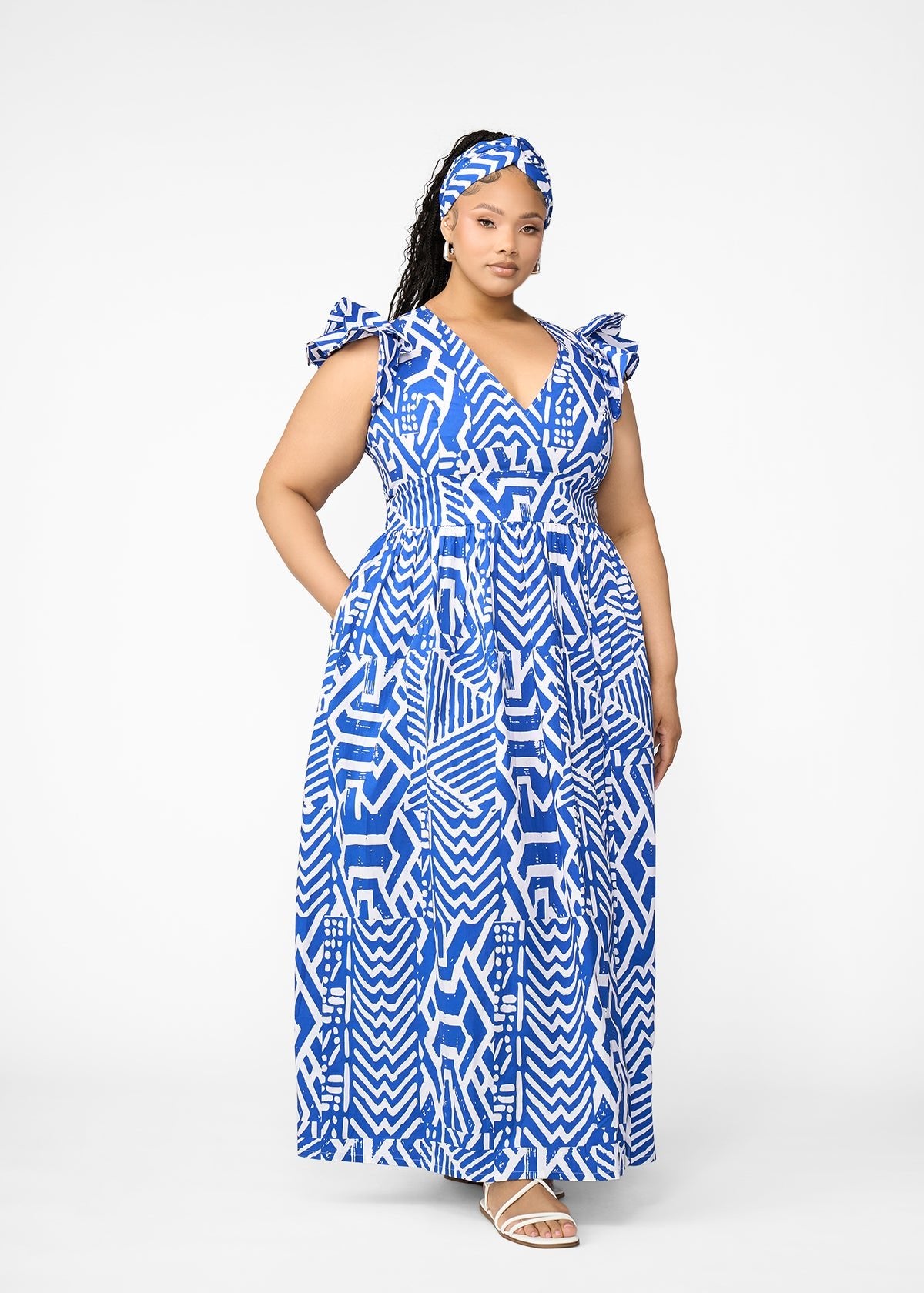 Lelisa Women's African Print Maxi Dress (White Cobalt Tribal) - D'IYANU