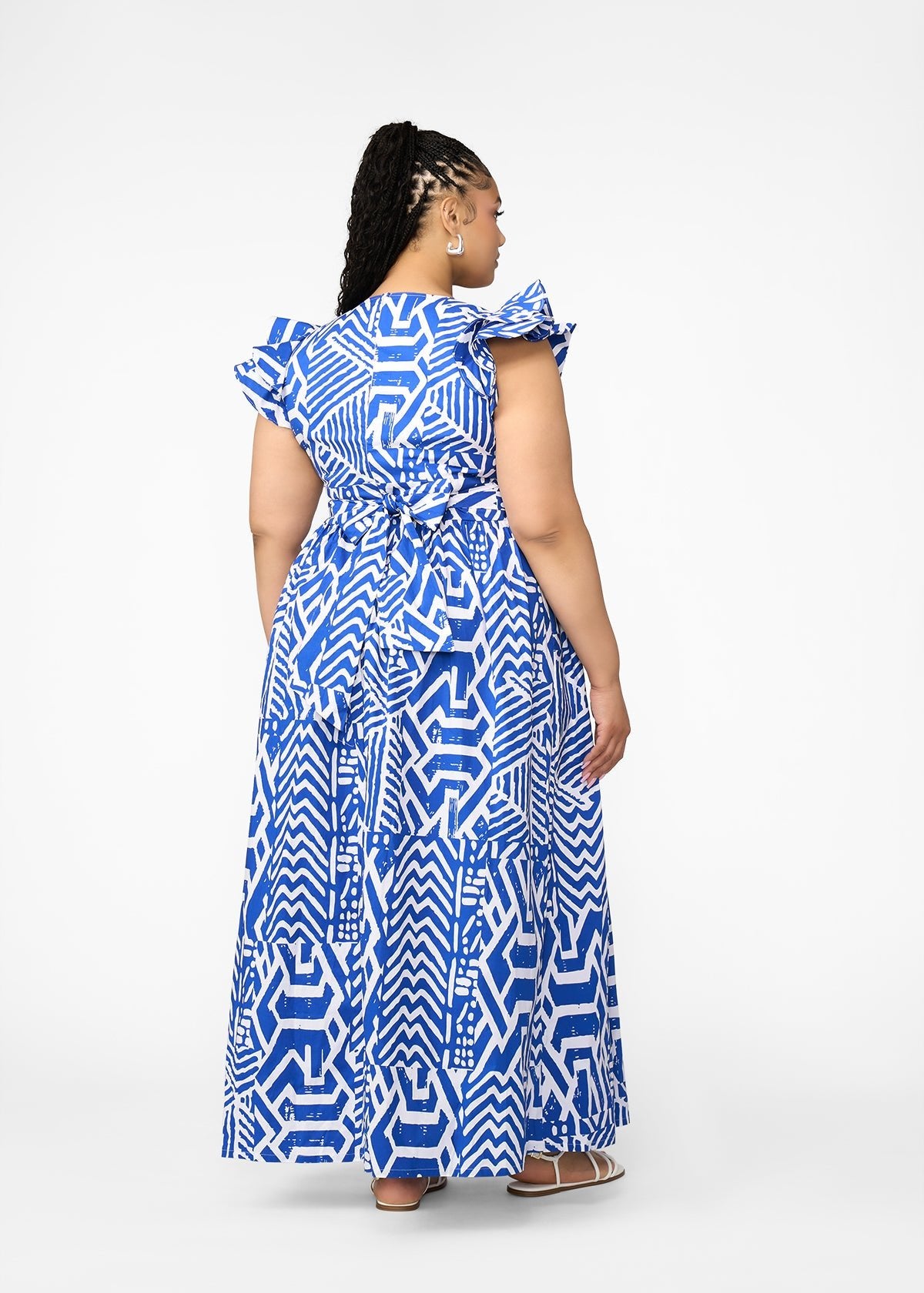 Lelisa Women's African Print Maxi Dress (White Cobalt Tribal) - D'IYANU