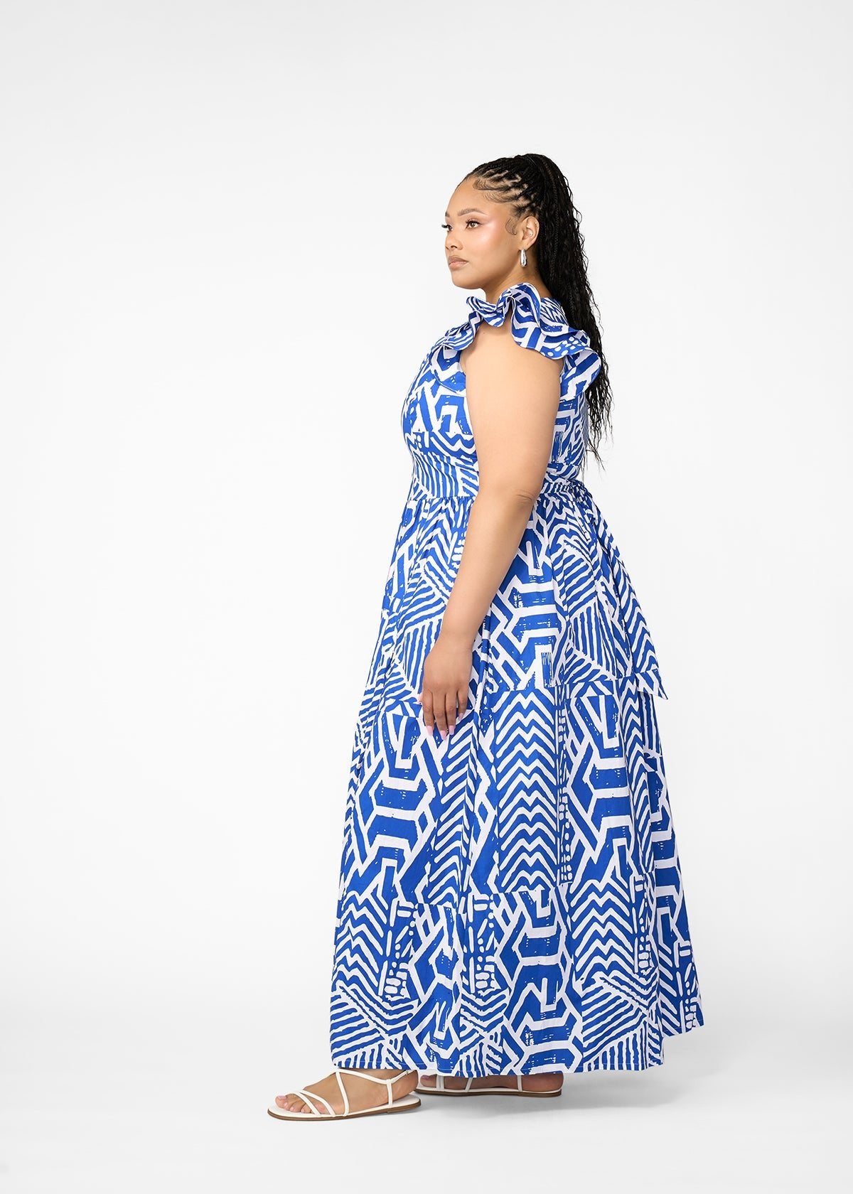 Lelisa Women's African Print Maxi Dress (White Cobalt Tribal) - D'IYANU