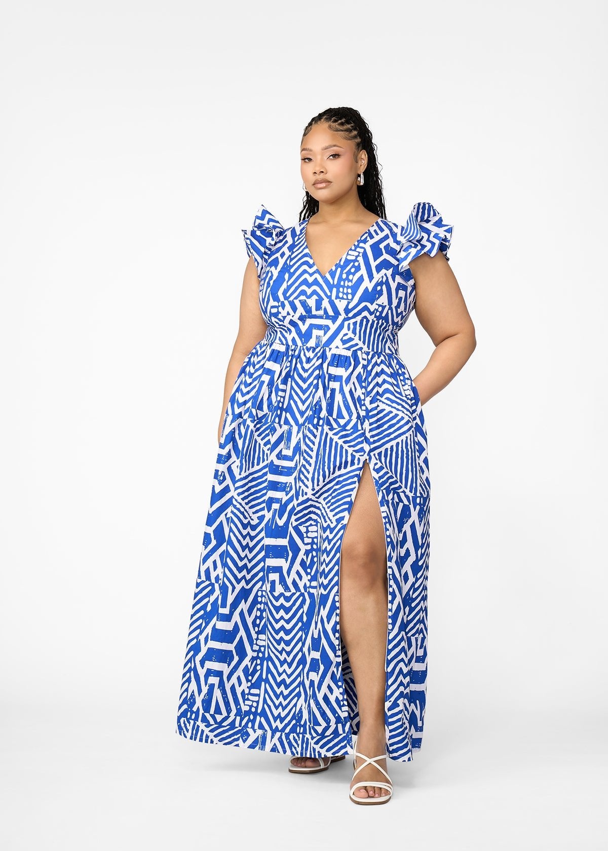Lelisa Women's African Print Maxi Dress (White Cobalt Tribal)