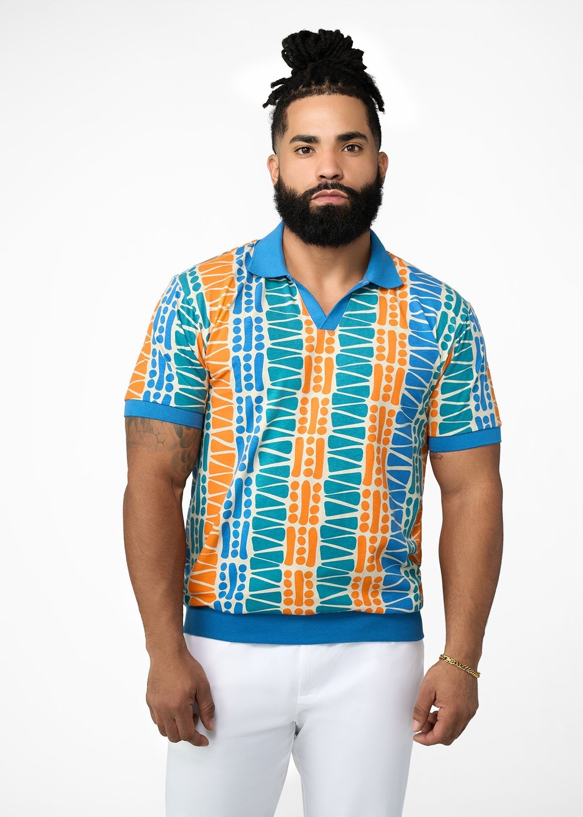 Lesego Men's African Print Polo Cotton Blend Shirt (Khaki Tribal Motifs) - D'IYANU