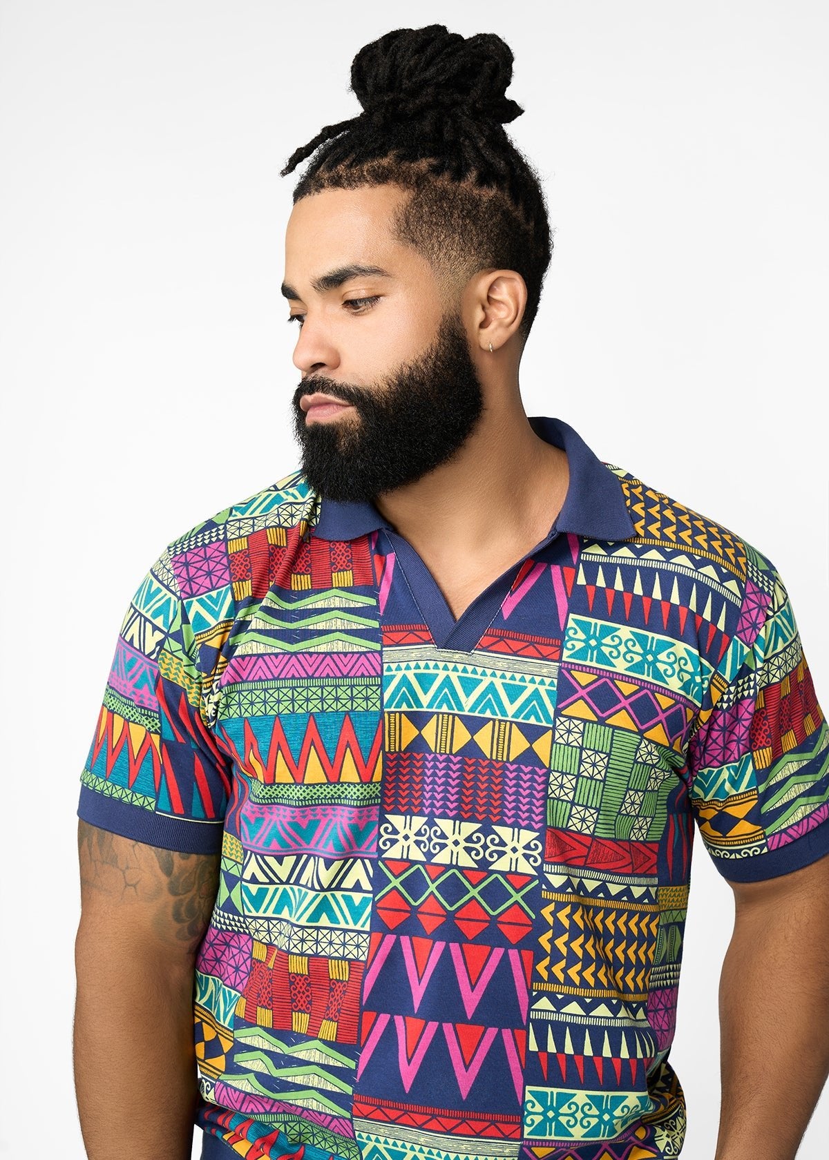 Lesego Men's African Print Polo Shirt (Green Navy Kente) - Clearance