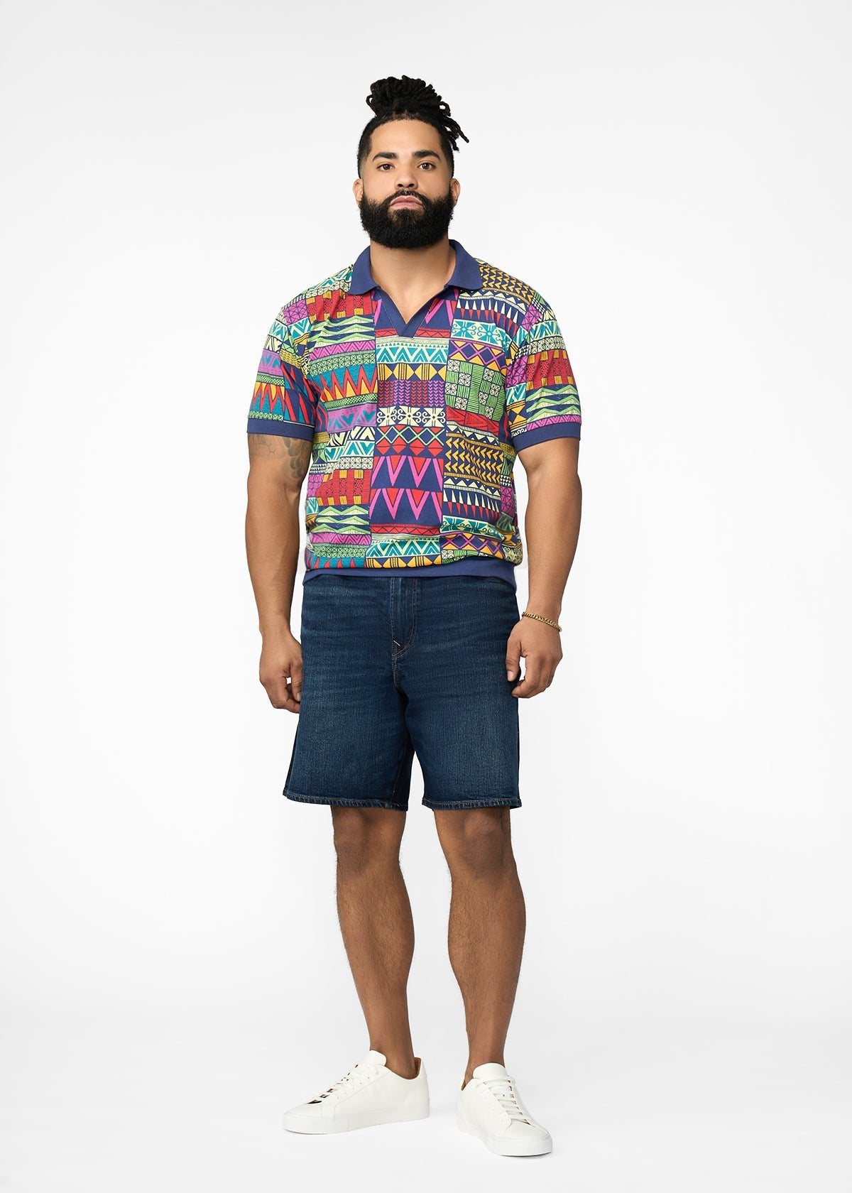 Lesego Men's African Print Polo Shirt (Green Navy Kente) - Clearance