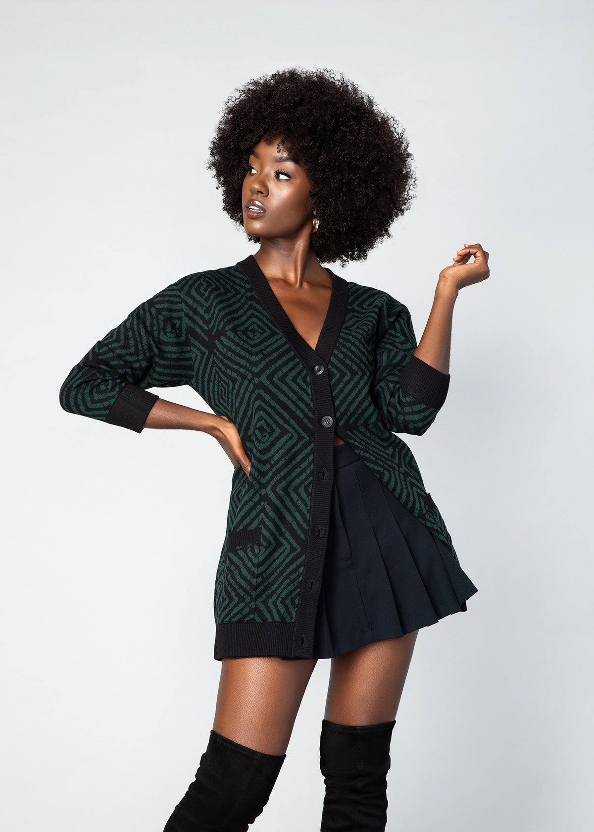 Mansa Women's African Print Oversized Cardigan (Malachite Diamond Adire) - D'IYANU