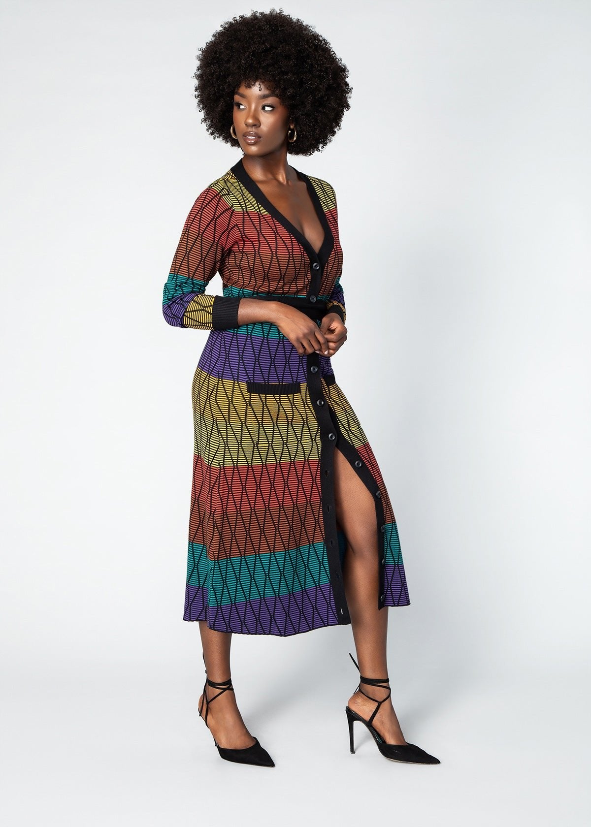 Aisha Women's African Print Cardigan (Rainbow Diamond Stripes) - Clearance - D'IYANU