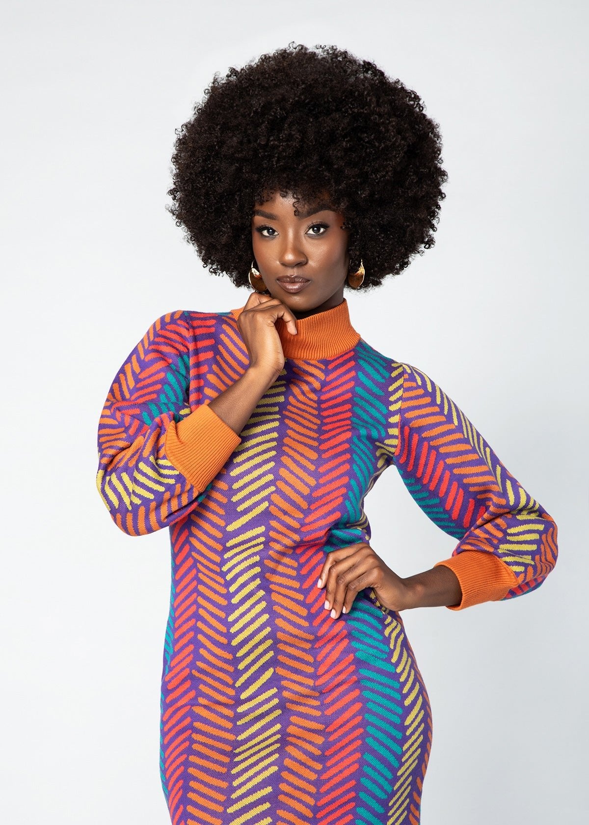 Zania Women's African Print Sweater Dress (Rainbow Tribal Lines) - D'IYANU