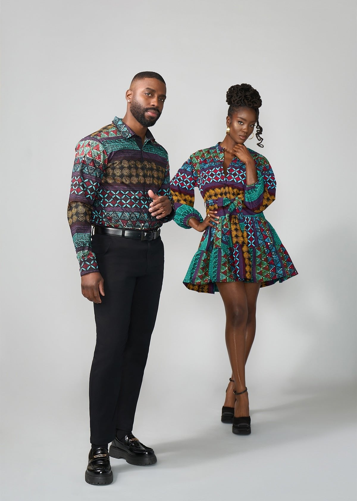 Mazi Men's African Print Button-up Shirt (Teal Maroon Multipattern) - D'IYANU