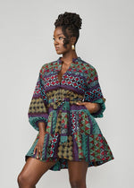 Malia Women's African Dress (Teal Maroon Multipattern) - D'IYANU