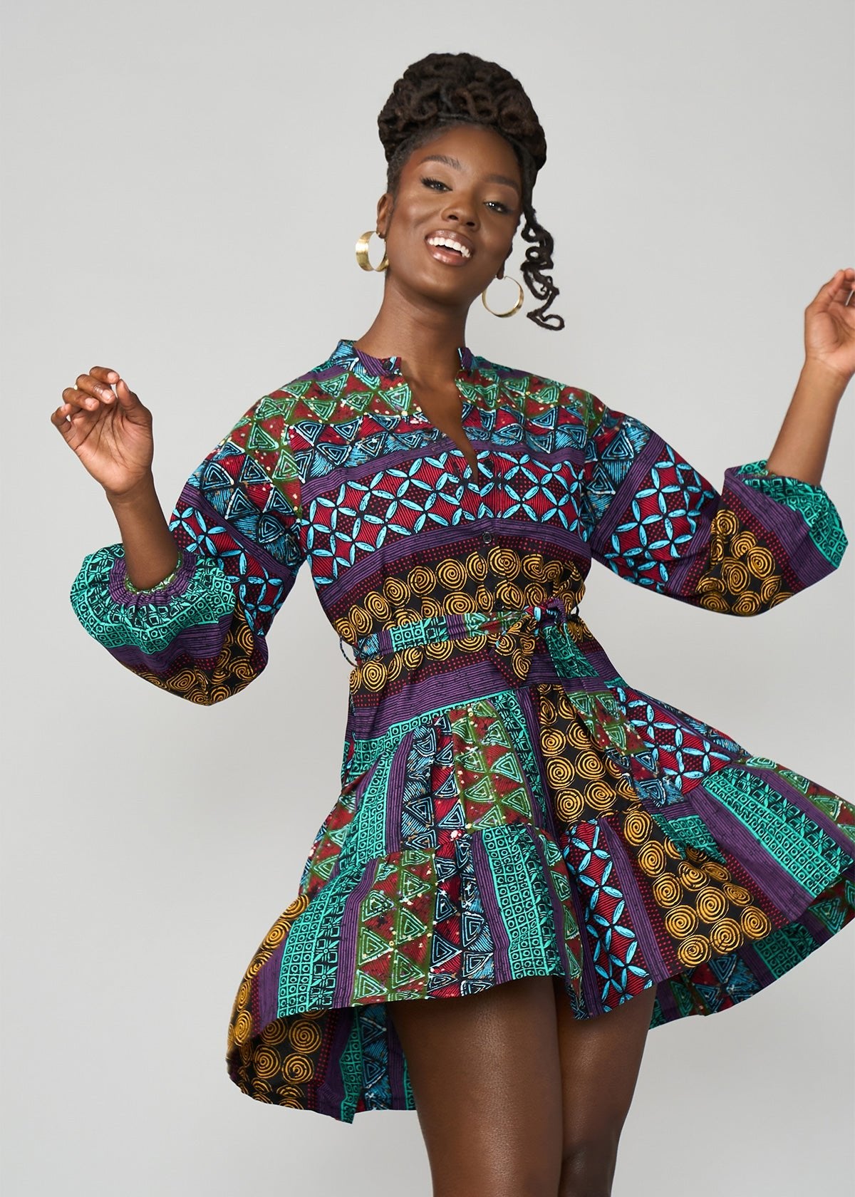 Malia Women's African Dress (Teal Maroon Multipattern) - D'IYANU