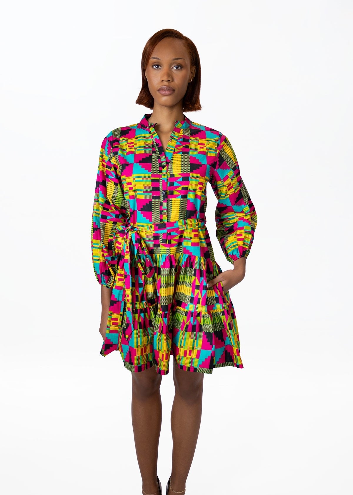 Malia Womens African Print Mini Dress (Raspberry Yellow Kente)