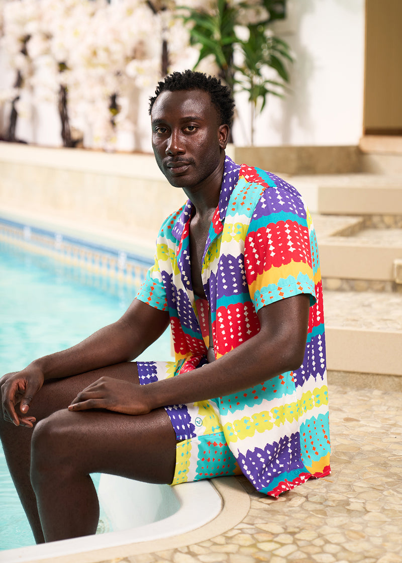 Malik Men's African Print Lightweight Button-Up Shirt (Rainbow Punch Adire)
