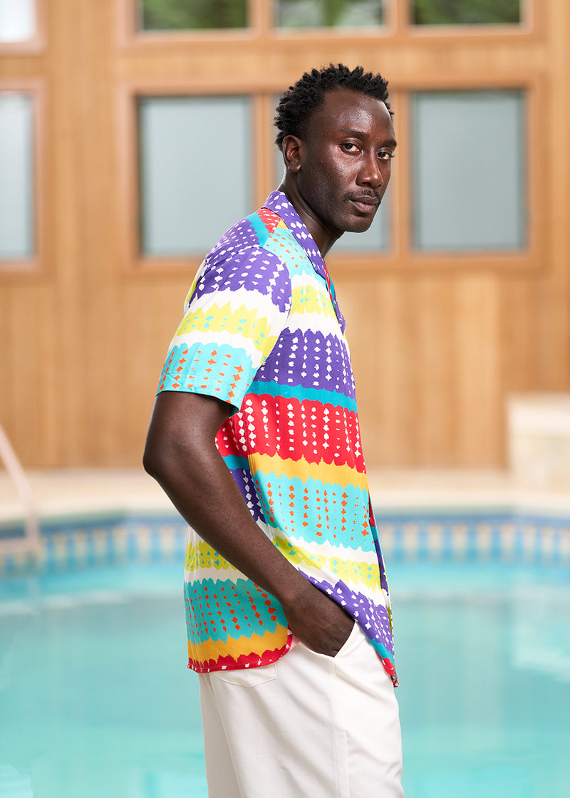 Malik Men's African Print Lightweight Button-Up Shirt (Rainbow Punch Adire)