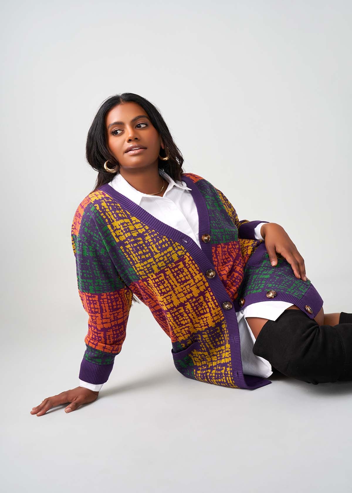 Mansa Women's African Print Oversized Cardigan (Harvest Plaid Adire) - D'IYANU
