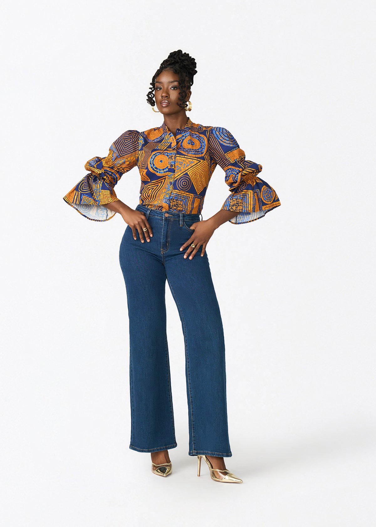Manyara Women's African Print Peplum Blouse (Royal Blue Geometric) - D'IYANU