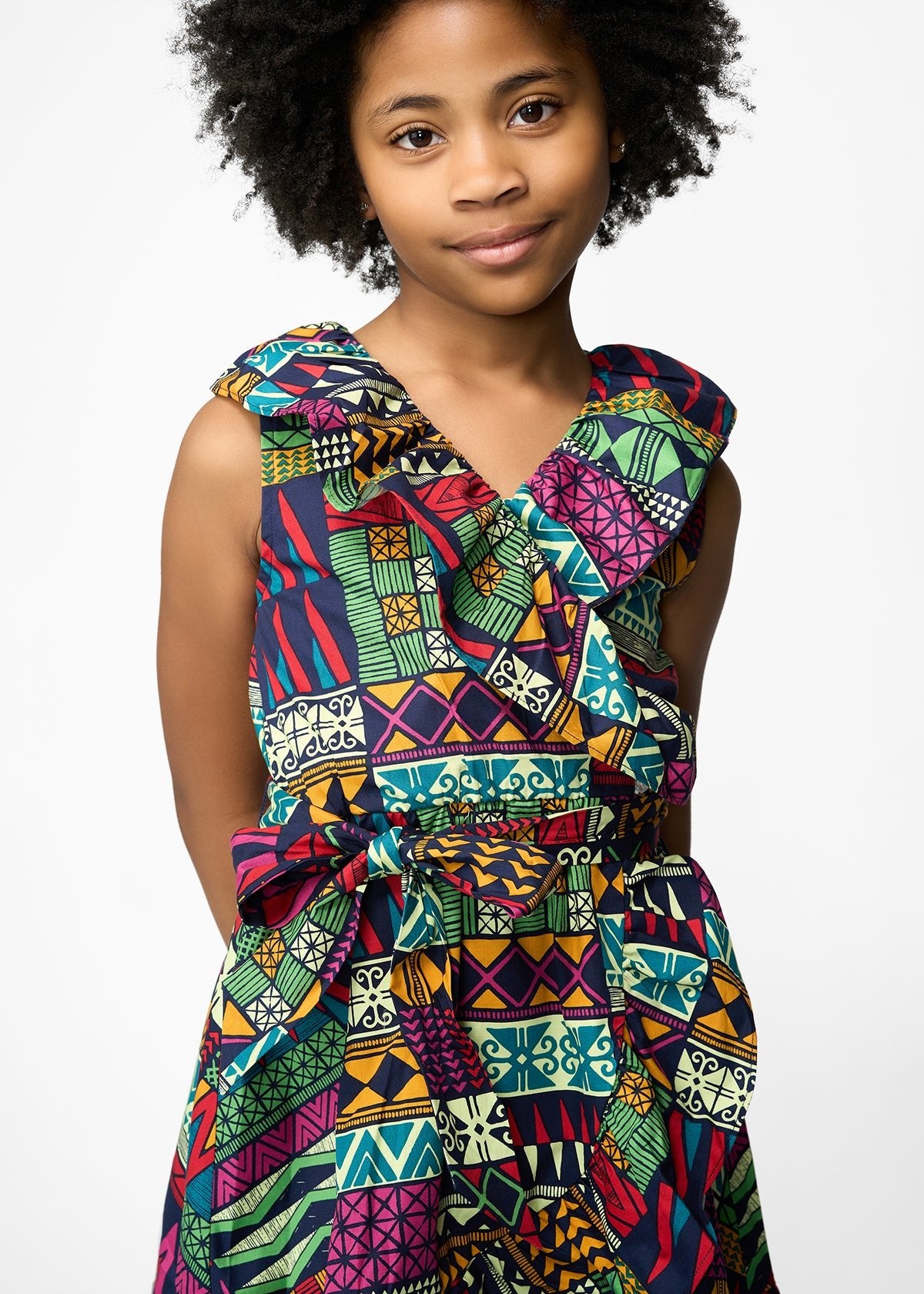 Mariama Girl's African Print Ruffle Sleeveless Dress (Green Navy Kente) - Clearance - D'IYANU