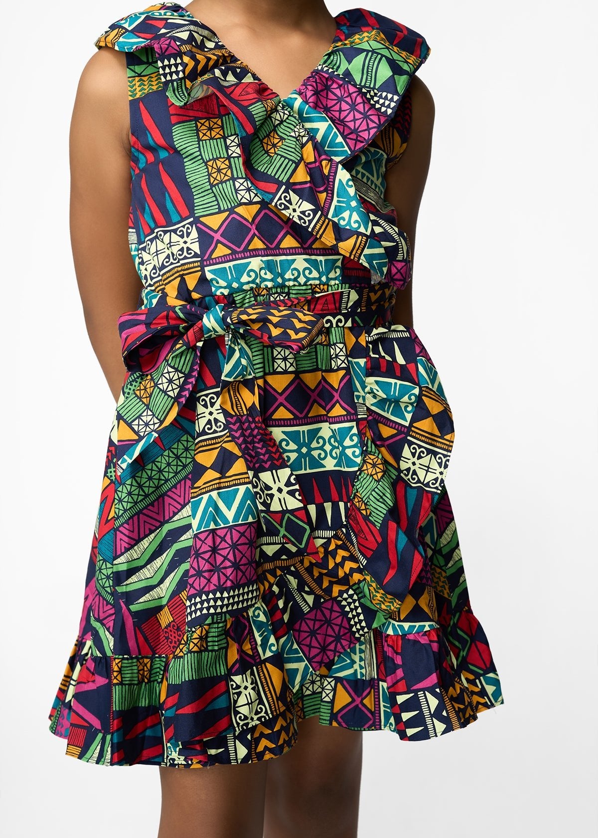 Mariama Girl's African Print Ruffle Sleeveless Dress (Green Navy Kente) - Clearance - D'IYANU