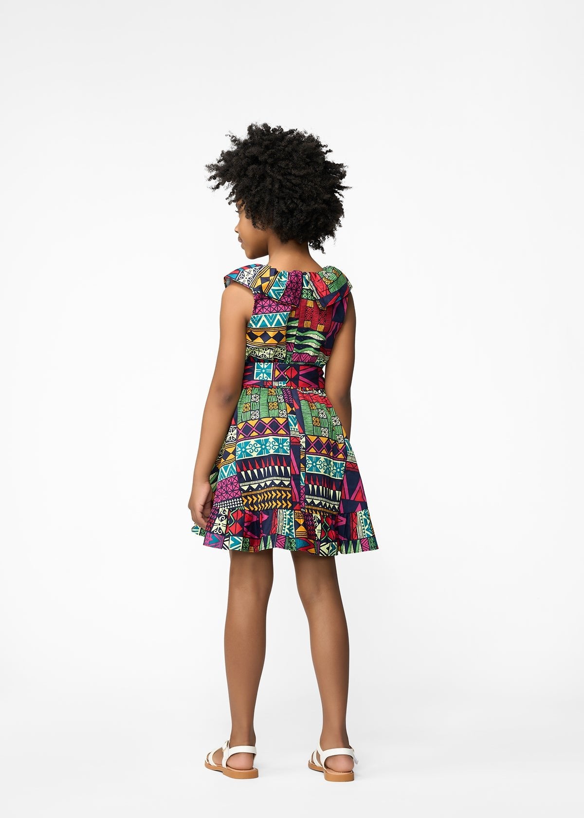 Mariama Girl's African Print Ruffle Sleeveless Dress (Green Navy Kente) - Clearance - D'IYANU