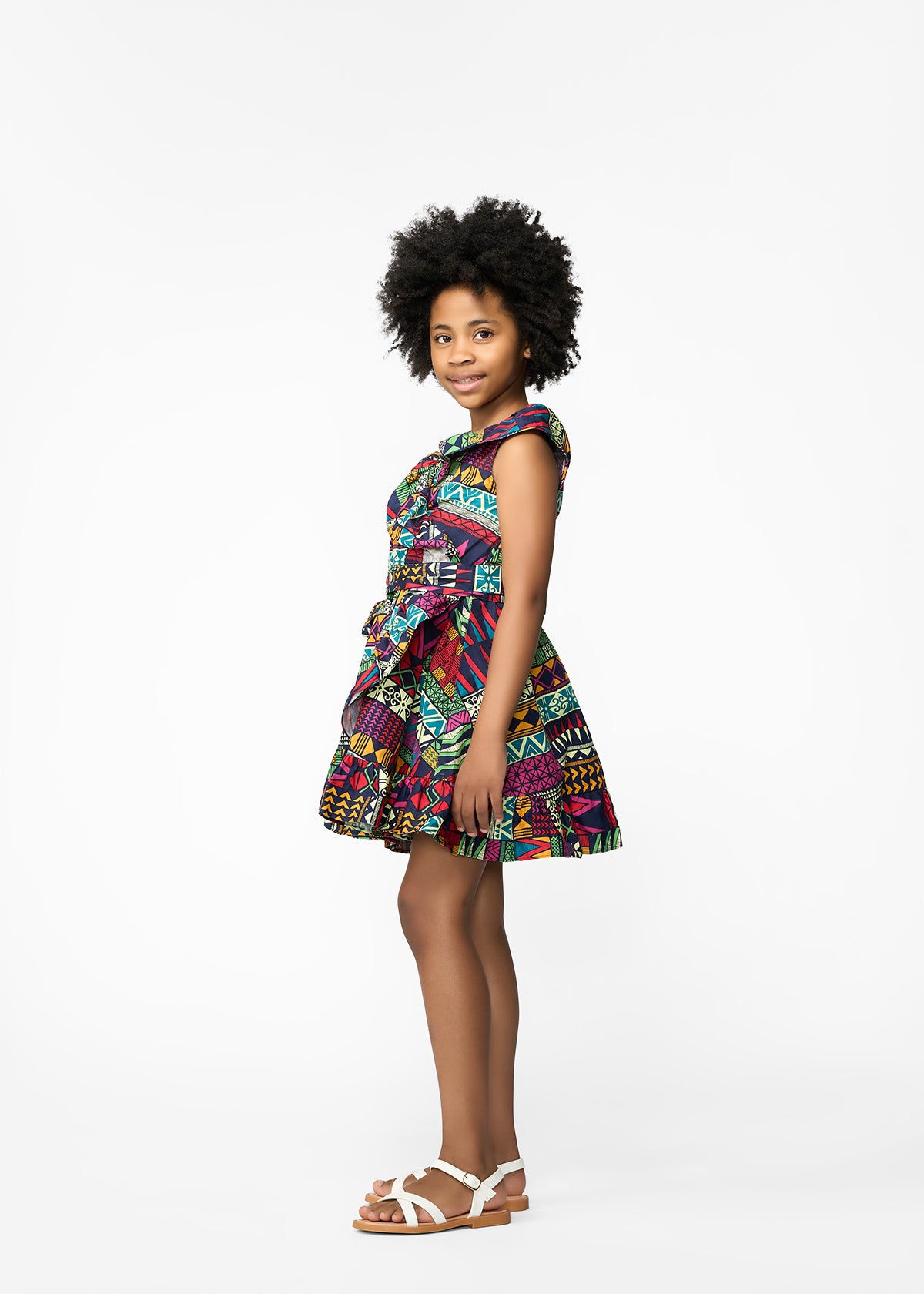 Mariama Girl's African Print Ruffle Sleeveless Dress (Green Navy Kente) - Clearance - D'IYANU