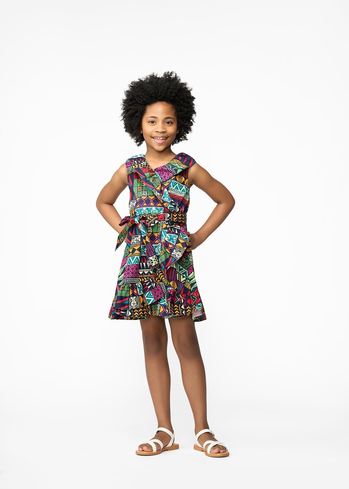 Mariama Girl's African Print Ruffle Sleeveless Dress (Green Navy Kente) - Clearance - D'IYANU